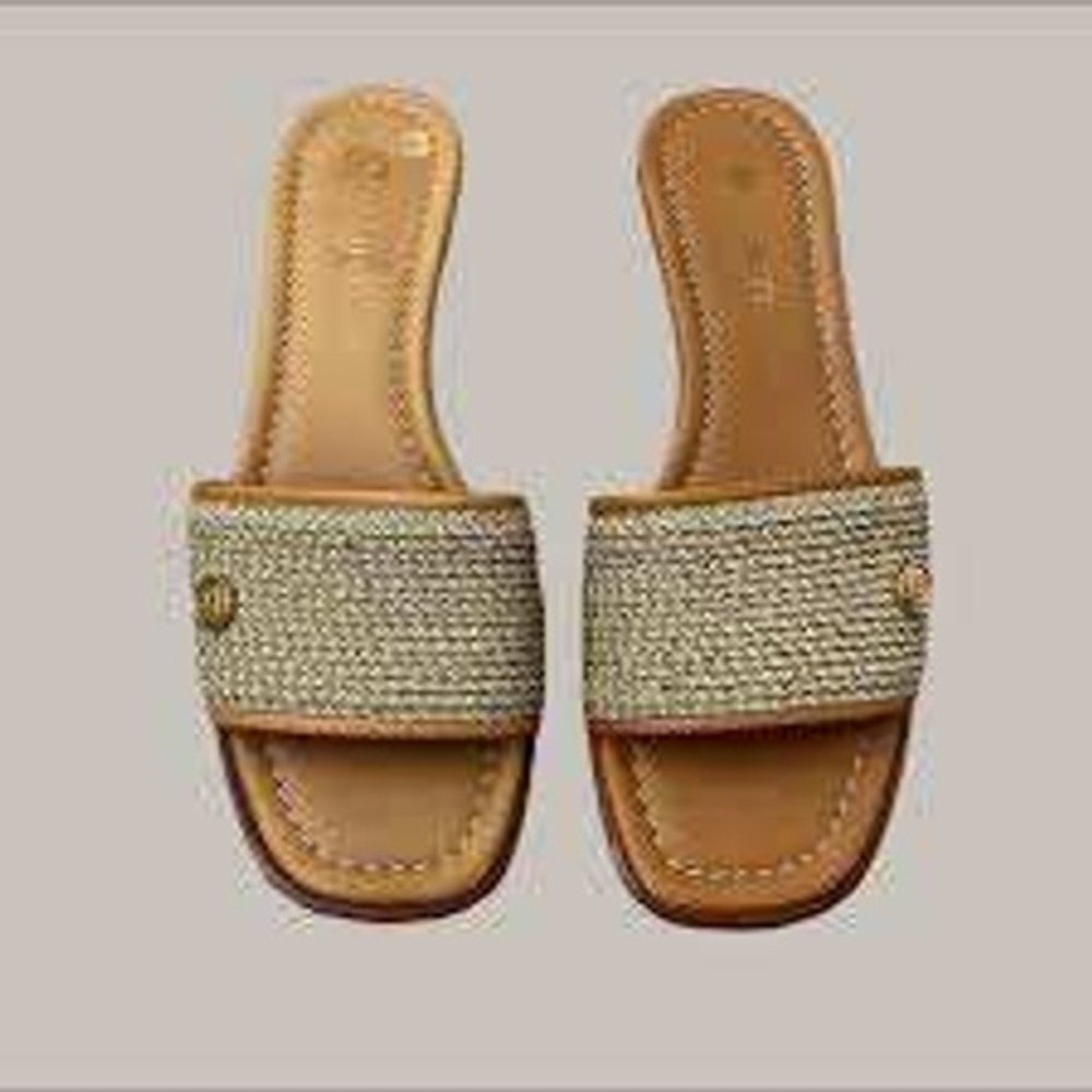 Eric Javits‎ New York Squishee Woven Straw Kitten Sandals Tan Gold 10.5M